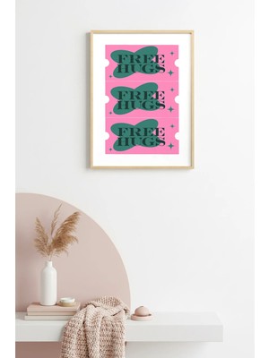Huhuli Doğal Ahşap Çerçeveli Retro Tablo - Yeşil Pembe Free Hugs | HUHU2361