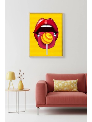 Huhuli Doğal Ahşap Çerçeveli Pop Art Dudak Desenli Tablo - Kırmızı Sarı | HUHU1914