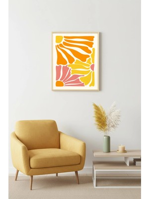 Huhuli Doğal Ahşap Çerçeveli Abstract Retro Tablo - Canlı Turuncu Sarı Soyut Desen | HUHU2652