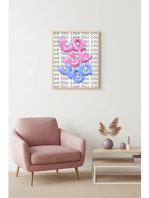 Huhuli Doğal Ahşap Çerçeveli Retro Tablo - Pembe Mavi Love You Bubble Desenli | HUHU2071