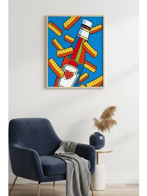 Huhuli Doğal Ahşap Çerçeveli Pop Art Desenli Tablo - Kırmızı Sarı Canlı Tonlar | HUHU1989