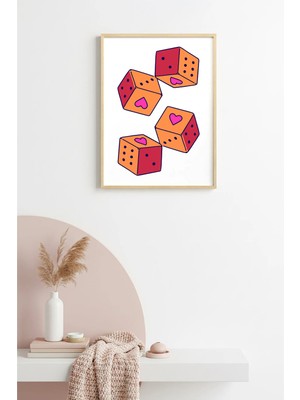 Huhuli Doğal Ahşap Çerçeveli Retro Tablo - Kalpli Geometrik Desenli Pop Art | HUHU2357