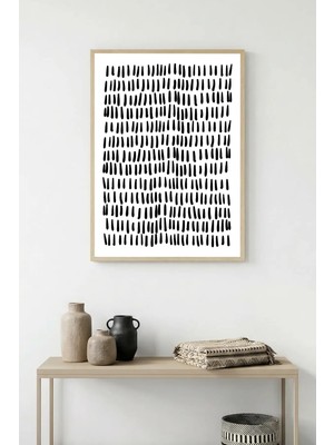 Huhuli Doğal Ahşap Çerçeveli Minimal Siyah Desenli Tablo - Soyut | HUHU1079