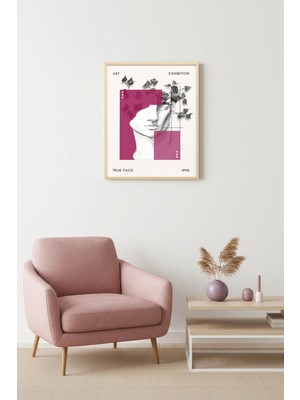 Huhuli Doğal Ahşap Çerçeveli Retro Tablo - Yapraklı Kadın Portresi - Soluk Pembe | HUHU2482