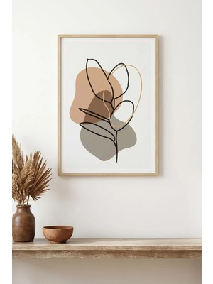 Huhuli Doğal Ahşap Çerçeveli Minimal Yaprak Desenli Tablo - Pastel Tonlar | HUHU1497