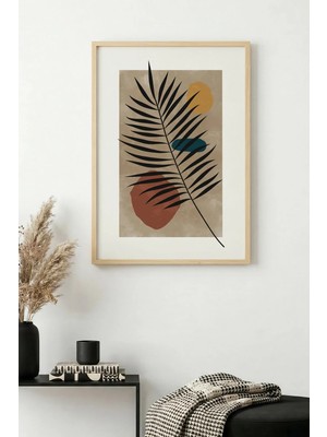 Huhuli Doğal Ahşap Çerçeveli Minimal Yaprak Desenli Tablo - Pastel Tonlar | HUHU1328