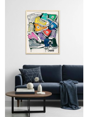 Huhuli Doğal Ahşap Çerçeveli Ayakkabı Desenli Tablo - Canlı Renkler Pop Art | HUHU2030