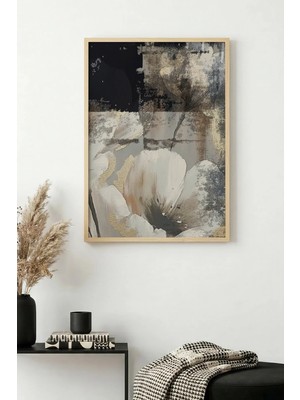 Huhuli Doğal Ahşap Çerçeveli Soyut Çiçek Desenli Tablo - Pastel Tonlar | HUHU1318