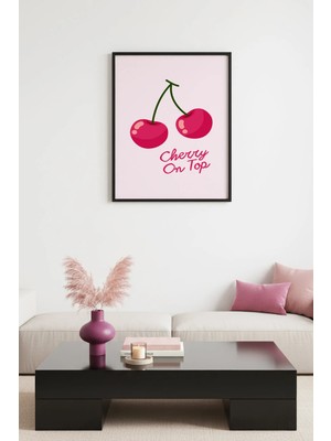 Huhuli Doğal Ahşap Çerçeveli Retro Tablo - Cherry On Top Kiraz Desenli | HUHU2264