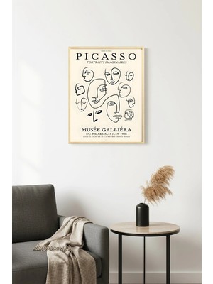 Huhuli Doğal Ahşap Çerçeveli Retro Tablo - Picasso Tarzı Çizgi Portre | HUHU2600