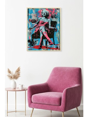 Huhuli Doğal Ahşap Çerçeveli Grafik Desenli Tablo - Pembe Siyah Pop Art | HUHU1753