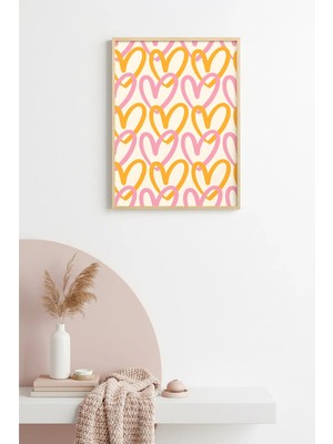 Huhuli Doğal Ahşap Çerçeveli Retro Tablo - Kalp Desenli Pop Art | HUHU2200