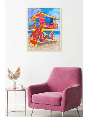 Huhuli Doğal Ahşap Çerçeveli Canlı Renkli Geometrik Tablo - Pop Art | HUHU1870