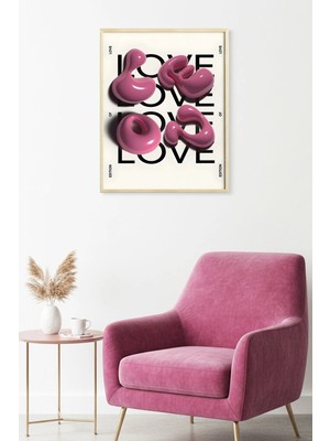 Huhuli Doğal Ahşap Çerçeveli Soyut Kaligrafik Desenli Tablo - Pembe Tonlar | HUHU1804