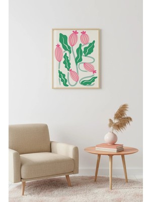 Huhuli Doğal Ahşap Çerçeveli Retro Botanik Tablo - Pembe Çiçekli Yapraklar | HUHU2203