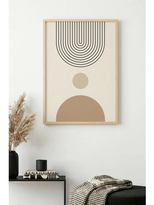 Huhuli Doğal Ahşap Çerçeveli Minimal Geometrik Desenli Tablo - Bej | HUHU1136