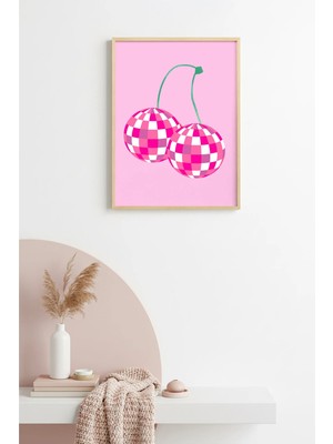 Huhuli Doğal Ahşap Çerçeveli Retro Tablo - Pembe Beyaz Kareli Pop Art Tasarım | HUHU2658