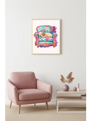 Huhuli Doğal Ahşap Çerçeveli Retro Köpek Tablo - Floral Desenli Dekoratif | HUHU2566
