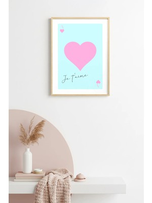 Huhuli Doğal Ahşap Çerçeveli Retro Kalp Tablo - Pembe Je T'aime Dekorasyon | HUHU2365