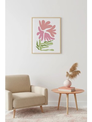Huhuli Doğal Ahşap Çerçeveli Retro Floral Tablo - Pembe ve Yeşil Botanik Desen | HUHU2305