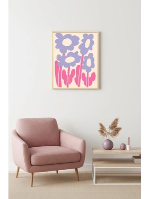 Huhuli Doğal Ahşap Çerçeveli Pop Art Çiçek Tablo - Retro Pembe Lila Desen | HUHU2270