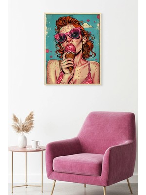 Huhuli Doğal Ahşap Çerçeveli Pembe Tonlu Pop Art Desenli Tablo - Retro | HUHU1936