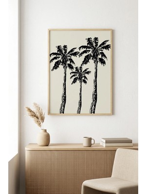 Huhuli Doğal Ahşap Çerçeveli Minimal Palm Ağaçları Desenli Tablo - Siyah-Beyaz | HUHU1074