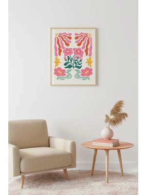 Huhuli Doğal Ahşap Çerçeveli Retro Çiçekli Tablo - Pembe Tonlarda Floral Desen | HUHU2597
