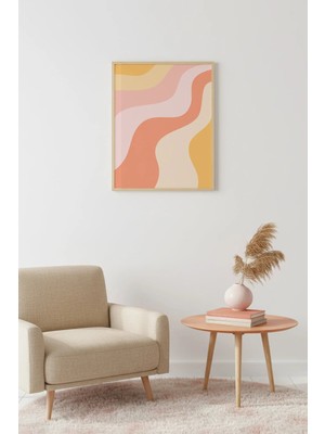 Huhuli Doğal Ahşap Çerçeveli Soyut Dalga Desenli Tablo - Pastel Tonlar | HUHU2756