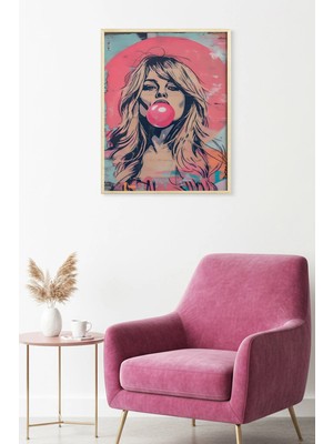 Huhuli Doğal Ahşap Çerçeveli Grafik Portre Desenli Tablo - Pembe Tonlar | HUHU1847