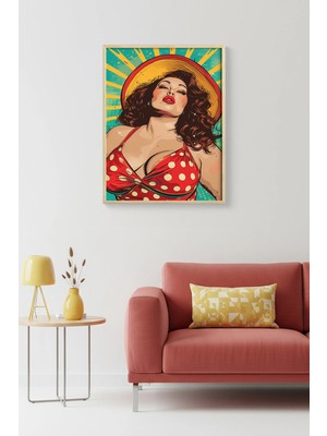 Huhuli Doğal Ahşap Çerçeveli Pop Art Desenli Tablo - Retro Kırmızı Sarı | HUHU1740