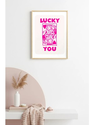 Huhuli Doğal Ahşap Çerçeveli Retro Pop Art Tablo - Lucky You Kalp Tasarımı | HUHU2528