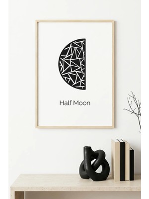 Huhuli Doğal Ahşap Çerçeveli Geometrik Yarım Ay Desenli Tablo - Siyah-Beyaz | HUHU1046