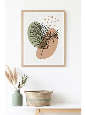 Huhuli Doğal Ahşap Çerçeveli Minimal Yaprak Desenli Tablo - Pastel Tonlar | HUHU1496