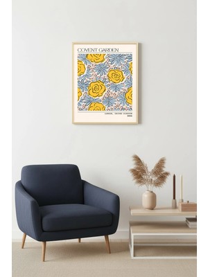 Huhuli Doğal Ahşap Çerçeveli Retro Çiçek Desenli Tablo - Sarı Mavi Tonlar | HUHU2255