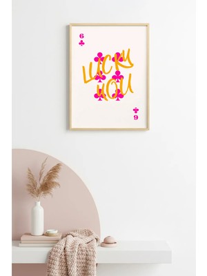 Huhuli Doğal Ahşap Çerçeveli Retro Pop Art Tablo - Pembe ve Turuncu Lucky You | HUHU2237