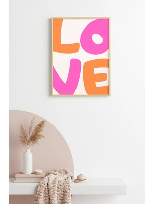 Huhuli Doğal Ahşap Çerçeveli Pop Art Love Tablo - Pembe Turuncu Yazı | HUHU2211