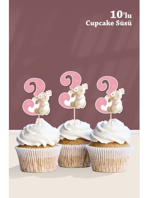 Neşeli Günlerim Kelebekli Tavşan 3 Yaşında Cupcake Süsü '10LU