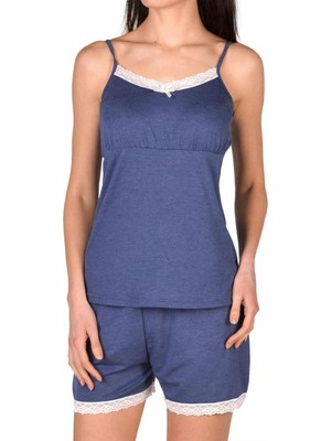 Nicoletta Kadın Şortlu Pijama Takımı Ipli Dantelli Cepli Pamuk Mavi