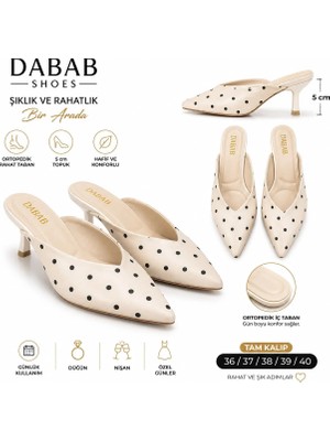Dabab Shoes Sevılla Puantiye Desenli Bej Saten Sivri Burunlu 5 cm Ince Topuklu Mule Terlik