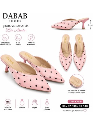 Dabab Shoes Sevılla Puantiye Desenli Pembe Saten Sivri Burunlu 5 cm Ince Topuklu Mule Terlik