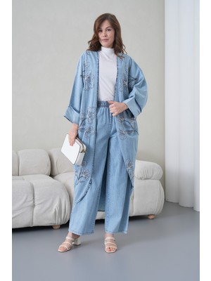 Miss Allos Kadın Önü Nakışlı Boncuk Işlemeli Kot Kimono Hırka ve Kot Pantolon Alt Üst Takım