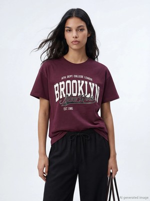 Lc Waikiki Yeni Sezon Brooklyn Baskılı %100 Pamuklu Kadın Tişört