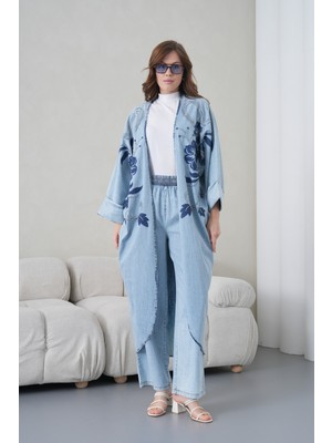 Miss Allos Kadın Önü Nakışlı Boncuk Işlemeli Kot Kimono Hırka ve Kot Pantolon Alt Üst Takım