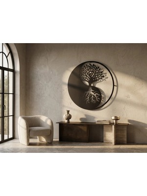 Mova Dizayn Modern Metal Yin Yang Hayat Ağacı Duvar Tablosu Yuvarlak Salon Ofis Duvar Dekoru