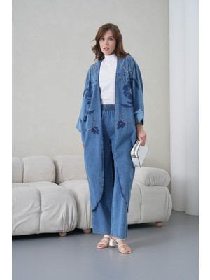 Miss Allos Kadın Önü Nakışlı Boncuk Işlemeli Kot Kimono Hırka ve Kot Pantolon Alt Üst Takım