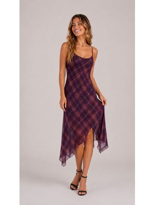 Blouse Bordo Ince Askılı Asimetrik Yazlık Midi Elbise