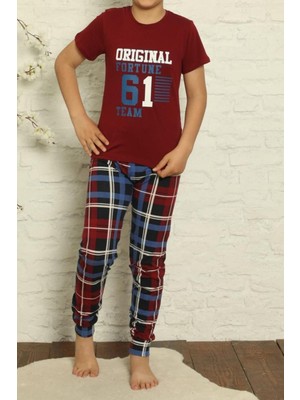Tom John Erkek Çocuk Pijama Takımı Kısa Kollu Pamuk Garson Likralı Bordo Mavi 61 Bordo
