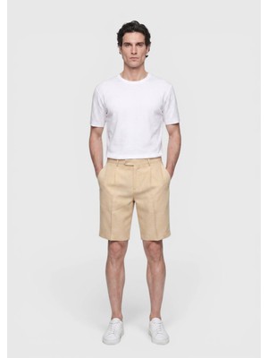 Ramsey Açık Sarı Düz Casual Fit Casual Keten Karışımlı Bermuda