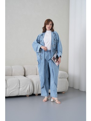 Miss Allos Kadın Önü Nakışlı Boncuk Işlemeli Kot Kimono Hırka ve Kot Pantolon Alt Üst Takım